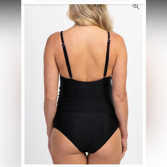 PinkBlush Black Scoop Front Low Back Ruched One-Piece Maternity Swimsuit - Picture 9 of 10